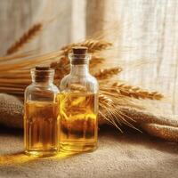 A two glass bottles of wheat germ oil sit on burlap cloth with wheat stalks in background, creating warm, rustic atmosphere photo