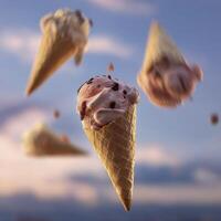 An ice cream cones with chocolate chips float against dreamy sky, creating whimsical and surreal scene photo