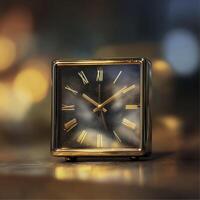 A vintage square clock with roman numerals and golden frame stands elegantly against blurred background photo