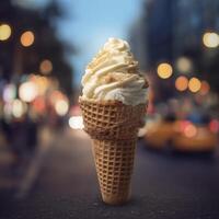 A creamy ice cream cone with waffle texture against blurred city street background, evoking sense of delight photo