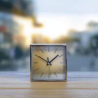 A square clock with metallic frame sits on wooden surface against blurred urban background photo
