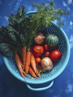 A fresh vegetables fill blue nder, creating vibrant and appetizing display that suggest healthy, home cooked meals photo