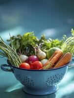 A joyful assortment of fresh vegetables in blue nder, promising healthy and delicious meal photo