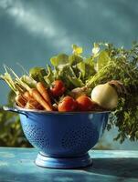 A fresh vegetables in nder look vibrant against blue backdrop, creating sense of wholesome goodness and healthy choices photo