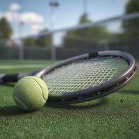 A tennis racket and ball rest playfully on court, showcasing joy of game and anticipating next serve photo