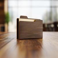 An a 3d rendering of file icon on wood table shows organization and digital storage with natural background, exuding sense of efficiency and calm photo