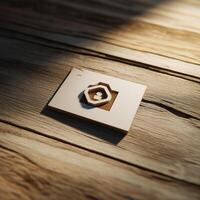 An icon rendering lies on table, casting shadows. it feels like digital treasure, symbol of creative work and files, gateway to virtual worlds photo