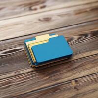 A stack of file icon rests on wood table, conveying sense of organization and accessibility. these file objects are ready to be accessed photo