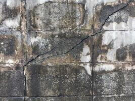 A cracked concrete wall shows signs of age and neglect, creating somber and deteriorating atmosphere. wall, crack, and concrete are visible photo