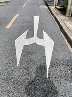 A road marking shows an arrow with split direction, indicating two possible routes and forward direction, it represent anticipation photo