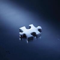 Lone silver puzzle piece sits on dark surface, glistening slightly, evoking sense of challenge and satisfaction of finding solutions photo