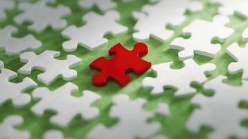 Single red puzzle piece surrounded by white ones conveys sense of isolation and stands out against green background, creating compelling visual narrative photo