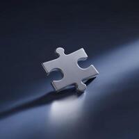Single silver puzzle piece rests on dark floor, emitting subtle light and symbolizing feeling of mystery and quest for solution, awaiting connection photo