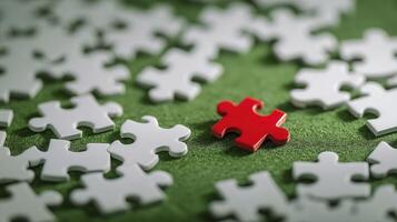 Single red puzzle piece stands out among scattered white pieces, symbolizing uniqueness and sense of hope amid sea of conformity photo
