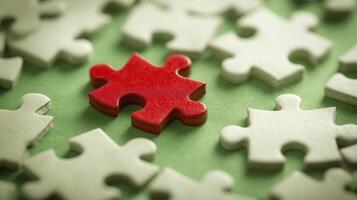 Single red puzzle piece stands out, embodying feeling of individuality and uniqueness surrounded by white pieces, showcasing prominence photo