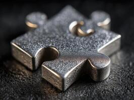 Single, shiny metal puzzle piece sits on table, reflecting light with precision. It looks isolated, awaiting connection and sparking curiosity photo