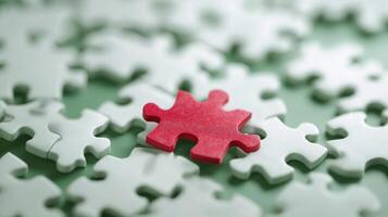 Single red puzzle piece stands out in field of white pieces, conveying feeling of being unique and vital element of whole solution photo