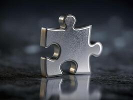 Metal puzzle piece sits gleaming on dark surface, reflecting light and exuding sense of completion and finding missing part, full of hope photo