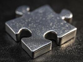 Single metal puzzle piece reflects light on dark table, conveying sense of challenge and intrigue, showcasing its cool metallic texture photo