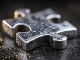Single metal puzzle piece glistens on textured surface, reflecting light with sense of completion and connection, ready to be part of something bigger photo