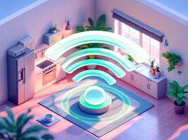 Optimistic and innovative atmosphere fills this miniature isometric view of home kitchen interior, highlighted by radiant wifi signal photo