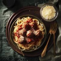 Topdown view of spaghetti, with delicious tomato sauce and meatballs. It looks appetizing, garnished with cheese and served on an elegant plate photo