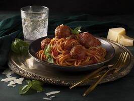 Delightful spaghetti and meatballs served on an elegant tray, exudes comfort with simple yet satisfying meal. basil sprigs add freshness and complement rich sauce photo