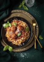 Bowl of spaghetti and meatball served elegantly, garnished with basil leaves, evokes feeling of warmth and comfort on dark serving area photo