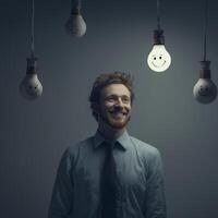 Smiling man in shirt and tie stands under floating light bulbs with smiley faces, creating whimsical and joyful atmosphere. scene is dimly lit, highlighting glowing bulbs photo
