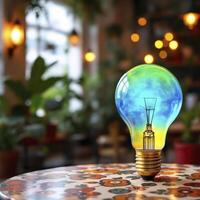 Colorful light bulb sits on patterned table in cozy, warmly lit room with plants and blurred lights in background, creating vibrant and inviting atmosphere photo