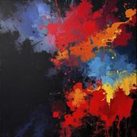 Vibrant abstract painting features dynamic splashes of red, blue, and yellow against dark background, creating sense of energy and movement photo