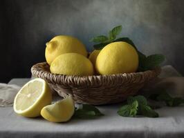 Here description and keywords for image, formatted as requested Three whole lemons and one cut lemon create refreshing still life with mint leaves, evoking sense of brightness and healthy photo