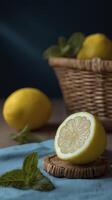 Fresh lemons and sliced lemon on rustic table create zestful scene, evoking feeling of summer. This vibrant still life captures beauty of citrus and culinary inspiration photo