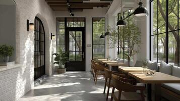 Bright cafe interior with white brick walls, black framed windows, and wooden furniture. Natural light streams in, creating cozy and inviting atmosphere photo