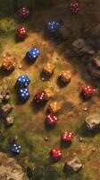 Colorful dice scattered on rocky terrain, surrounded by grass and stones, create playful and adventurous atmosphere. sunlight casts dynamic shadows, enhancing vibrant colors photo