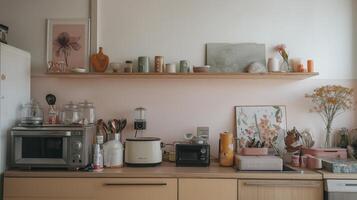 Cozy kitchen corner with wooden shelf displaying various decorative items, including candles and vases, above countertop with kitchen appliances like toaster and microwave photo