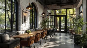 Modern cafe interior with white brick wall and black framed windows, featuring wooden tables and leather chairs. Natural light streams in, creating cozy atmosphere photo