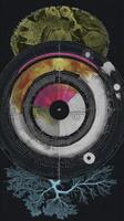 This features complex, artistic representation of circular diagram with intricate details and vibrant colors. design includes layers resembling scientific illustrations, possibly depicting photo