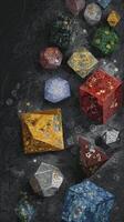 Colorful polyhedral dice scattered on dark textured surface, showcasing intricate designs and vibrant hues. arrangement creates dynamic and playful atmosphere photo