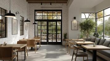Cozy cafe interior with white brick wall and black framed windows, featuring wooden tables and chairs, pendant lighting, and large windows allowing natural light to fill space photo
