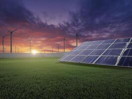 Solar panels shine brightly in field with wind turbines, an eco friendly symbol of power generation, evoking sense of sustainable energy photo