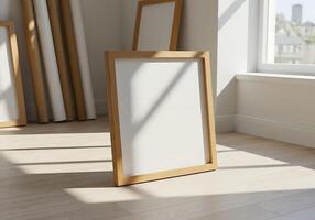 Three empty frames sit on a wooden floor near a window photo