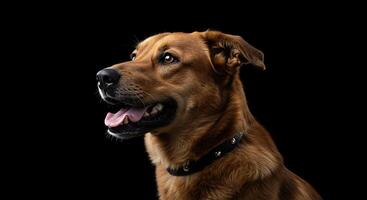A dog is standing in front of a black background photo