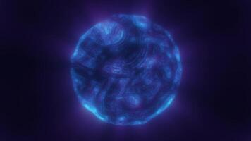 A glowing blue sphere with fluid textures, appearing as an abstract cosmic orbi in deep space background, in high quality 4k, motion design video