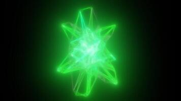 Glowing green energy sphere with digital threads and polygonal shape on a dark background video