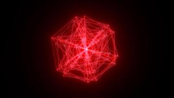 Glowing red geometric structure with dynamic energy lines radiating from the center on a dark background video
