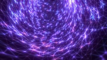 Glowing purple energy mesh forming a twisting tunnel of connected triangular nodes in a digital space video