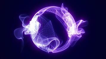 Abstract glowing purple digital sphere formed from delicate particle waves, futuristic and dynamic energy visualization video