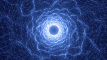Glowing blue energy vortex with wireframe grid structure creating a tunnel effect in a digital abstract space video