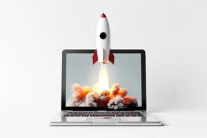 A laptop with a rocket on it and a screen showing a rocket photo